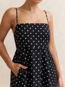 Women's Polka Dot Vest Dress With Open Back And Thin Straps Elegant Long Summer Vacation Dress Flowing Slip Dress - 黑色 - 查看 3