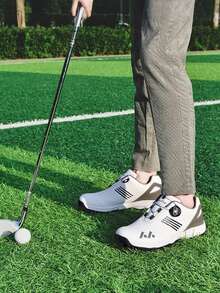 男士高尔夫球鞋，旋转扣系带，防滑橡胶鞋底，专业高尔夫比赛及训练鞋 - 黑與白 - 查看 4