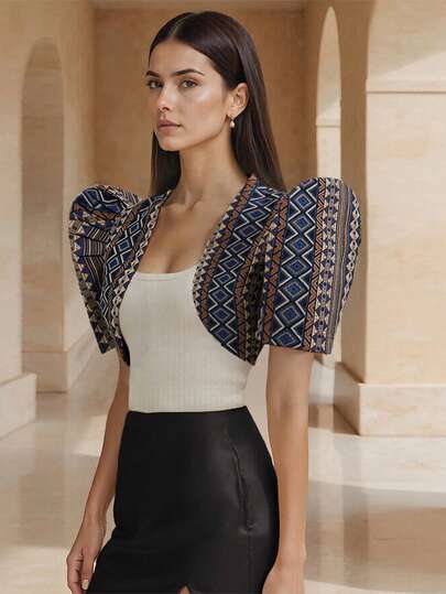 Amyenjoylife Modern Philippine Inspired Geometric Print Elegant Puff Sleeve Blouse