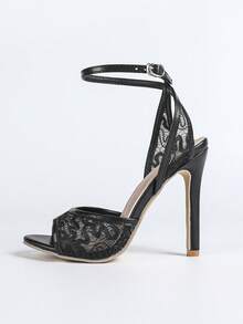 Mesh Lace High Heel Sandals, Peep Toe Breathable Stiletto Heels Sexy Clubwear Strap Sandals For Women - Black - View 6