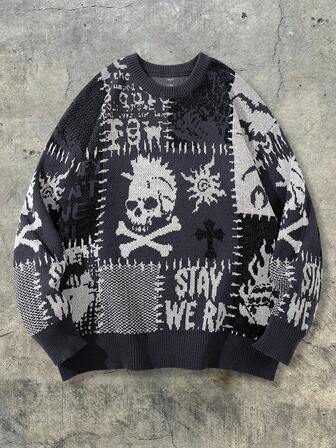 Men's Casual Loose Skull, Cross, Dice Gothic Street Style Round Neck Pullover Knit Long Sleeve Sweater, Autumn/Winter
