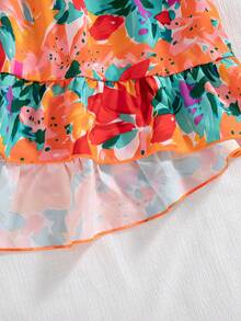 Girls Casual Cutout Back Design Random Print Asymmetric Hem Knee-Length Dress, Summer - Orange - View 9