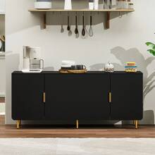 65" Fluted Buffet Cabinet Sideboard With Storage, Large Credenza With 4 Doors, Black Mid Century Modern Sideboard For Kitchen And Entryway, Wood TV Stand Table For Living Room - 黑色 - 查看 3