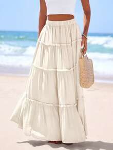 Women's Tiered Maxi Skirt Summer Spring Fashion  High Waisted Long Flowy Casual Boho Beach Vacation Clothes - 米色 - 查看 4