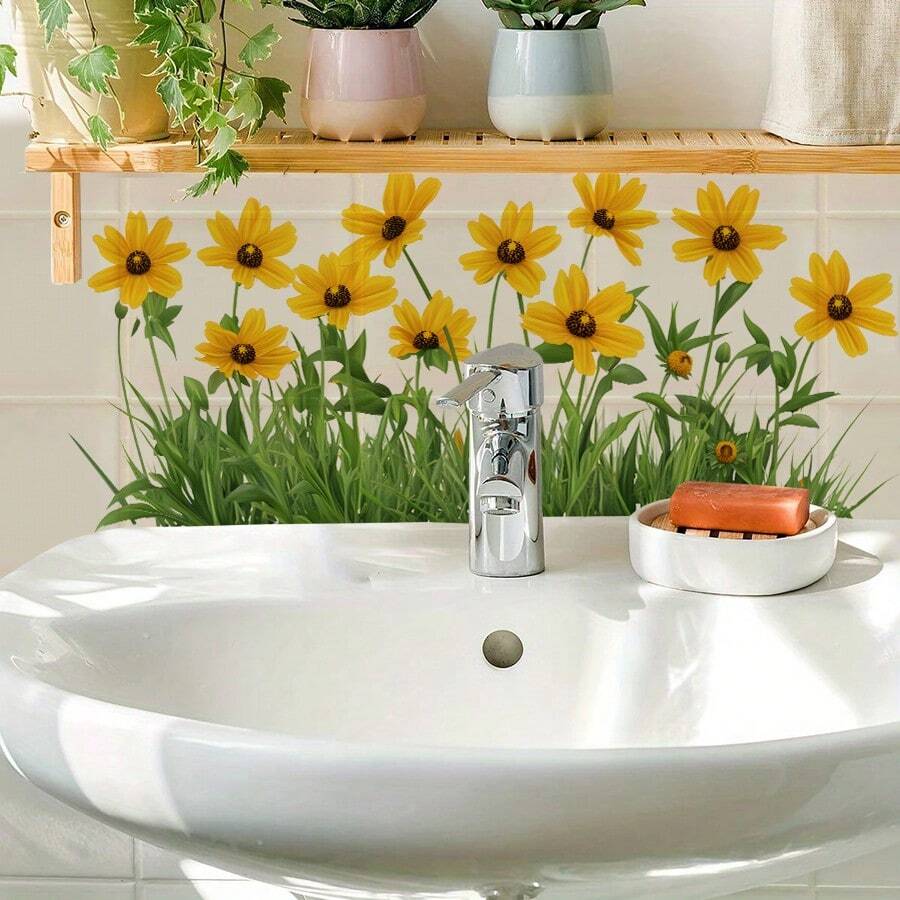 1 miếng dán tường trang trí phòng tắm họa tiết hoa vàng, tự dính, chống thấm nước. - Nhiều màu - Xem 1