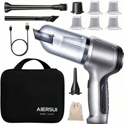 SUITU 车载吸尘器带收纳袋 - 礼品 | 宠物毛发吸尘器 | 家用吸尘器 | 无线 USB 充电 | 大功率、大吸力无刷电机便携式吸尘器 | 干湿两用吸尘器 | 适用于汽车/家庭/办公室 | （ABS 材质，9000pa 吸力，7.4V 2000mah 锂离子电池，充满电可使用 20 分钟）。