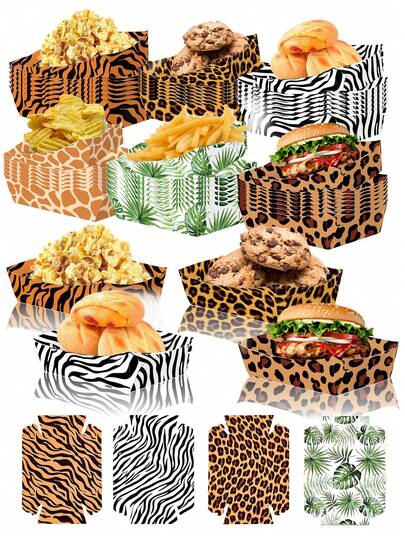 6/12pcs Animal Themed Party Paper Food Trays, Jungle Disposable Snack Plates, Zoo Themed Printed Paper Plates For Fries, Chips, Burgers, Hot Dogs, Burritos, BBQ, Suitable For Wild Animal Jungle Theme Party Decor