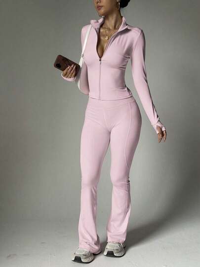 PinkTip Pink Tip Women's Solid Color Seamless Elastic Jacket & Leggings Sports Set, Butt Lifting Slim-Fit Soft Pants, Casual Sportswear For Daily, Fitness, Workout, Running, Yoga, Pilates