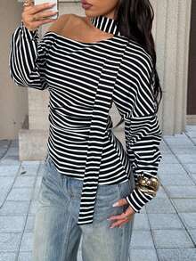 Top estivo da donna WOWDARK, T-shirt casual a maniche lunghe con spalle oblique a costine nera e bianca, adatta per feste di compleanno, feste, San Valentino, appuntamenti e altre occasioni - Bianco e nero - Visualizzare 5