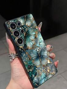 1pc Fashionable Green Butterfly & Flower Anti-Drop Anti-Slip Black Protective Phone Case Compatible With Galaxy A04e/A05s/A13/A14/A15/A34/A35/A50/A52/A53/A54/S21/S22/S23/S24/S25/S25Ultra Soft Protective Cover - Black - View 1