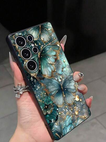 1pc Fashionable Green Butterfly & Flower Anti-Drop Anti-Slip Black Protective Phone Case Compatible With Galaxy A04e/A05s/A13/A14/A15/A34/A35/A50/A52/A53/A54/S21/S22/S23/S24/S25/S25Ultra Soft Protective Cover