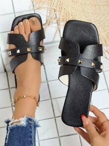 女士夏季新款休闲户外拖鞋，时尚平底凉鞋，宽松方头套脚拖鞋 - 黑色 - 查看 6