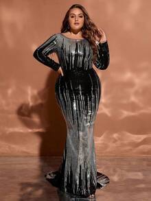 Plus Size Women Boat Neck U-Back Ombre Sequin Long Sleeve Mermaid Evening Dress - Black - View 2