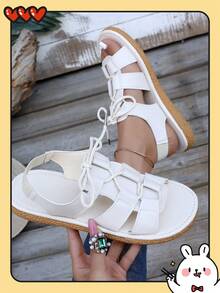 女士休闲系带平底凉鞋，适合日常穿着 - 米色 - 查看 2