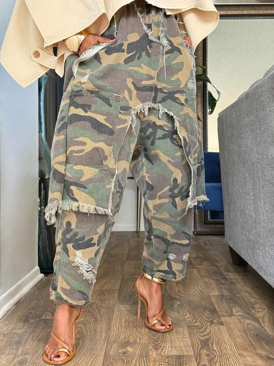 GLOURI Women's Camo 2 In 1Cargo Demin Pants -High Elastic Waisted Distressed & Frayed | Loose Fit Streetwear Ripped Jeans With Oversized Pockets | Y2K Casual Trousers - Ngụy trang - Xem 1