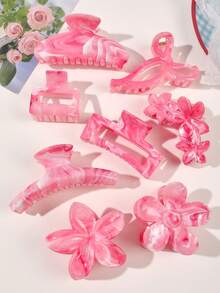 8个/套 ABS大理石纹理粉色一品红半圆蝴蝶结方形发爪夹，多种尺寸，沙滩度假风发饰 女士发夹 休闲发夹 优雅发卡 花朵发夹 夏季穿搭 - 8件組-玫粉色系 - 查看 5