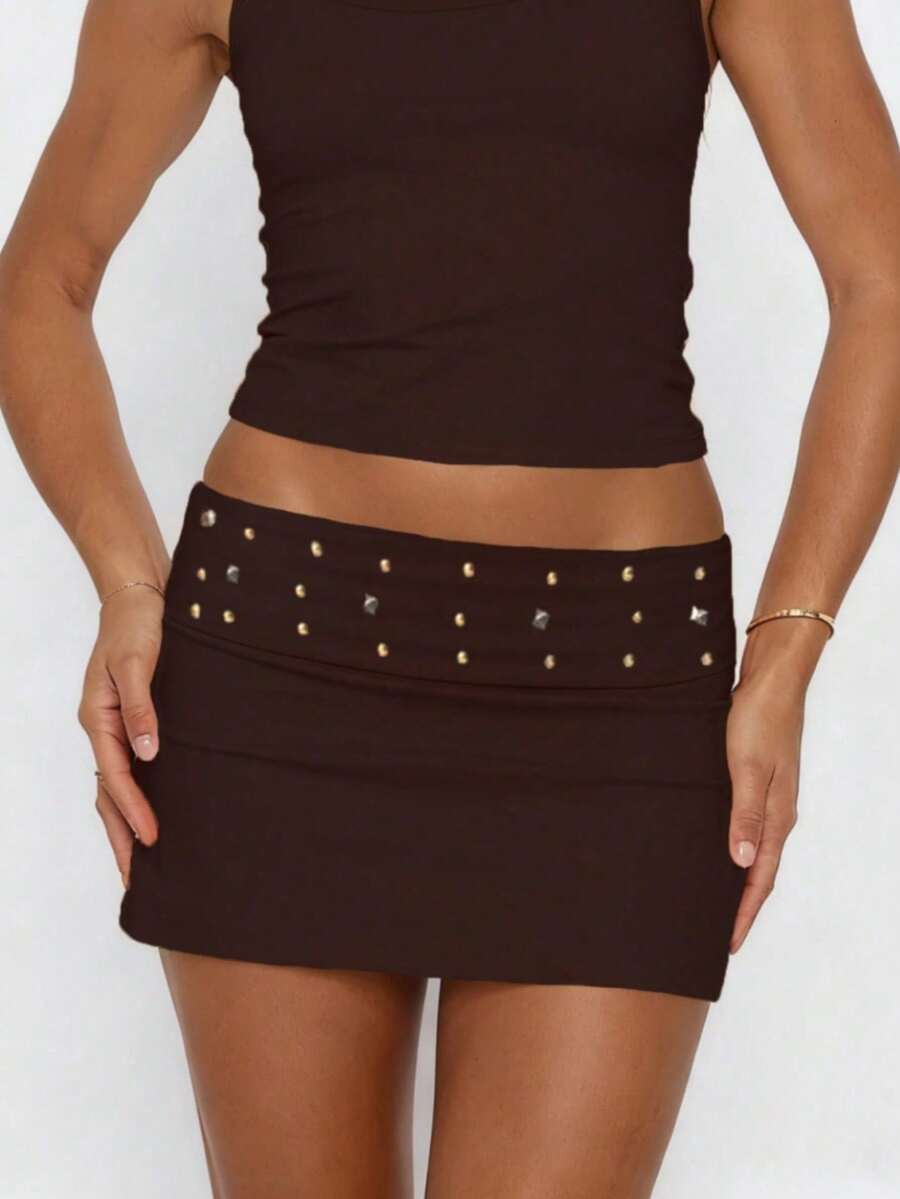 Y2K Studded Bodycon Mini Skirt For Women Fold Over Waist Low Rise Stretchy Micro Skirts Summer Slim Fit Going Out Short Skirts Underneath Party Club Concert Outfit Streetwear - 咖啡棕 - 查看 1