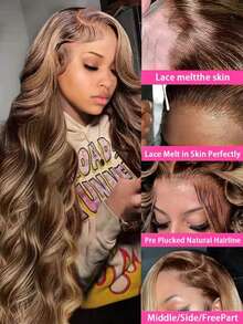 Peluca frontal de encaje de 28 pulgadas con cabello humano, densidad de 200, onda corporal, peluca frontal de encaje, cabello mezclado, frontal de encaje HD 13x4 con nudos decolorados, todo listo para usar, cierre 4/27 rubio miel, peluca sin pegamento para mujeres - S4/27 - Ver 4