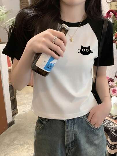 黑白猫咪印花独特个性化百搭短袖T恤
