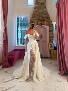 Elegant Sexy Off Shoulder High Slit Lace Long Sleeves A Line Satin Formal Bridal Dress Registration Wedding Dress For Bride,Bridal Fashion,Evening Party Dress Bridal Gowns,Romantic Church Ceremony Wedding Dress,Suitable For Wedding,Party,Singles' Party,Vacation,Bride,Formal Occasions,Dinner Dress,Prom Dress,Homecoming Dress,Cocktail Party - 白色 - 查看 6