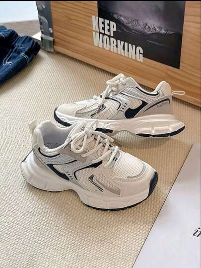 Spring/Autumn Children's Sports Shoes (Run Small, Suggest Sizing Up 1 Size) Children's Mesh Shoes Girls' School Shoes Mesh Patchwork Design Color Block Design Thick-Soled Chunky Sneakers Comfortable & Versatile