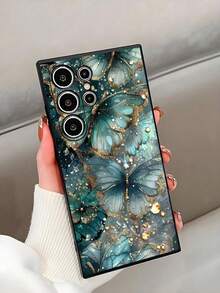 1pc Fashionable Green Butterfly & Flower Anti-Drop Anti-Slip Black Protective Phone Case Compatible With Galaxy A04e/A05s/A13/A14/A15/A34/A35/A50/A52/A53/A54/S21/S22/S23/S24/S25/S25Ultra Soft Protective Cover - Black - View 2