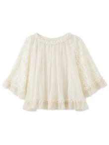 Women Vintage Lace Blouse Flowy Ruffle Solid Color Long Sleeve Tops Sheer Mesh Layered Frill Pullover Tops See Through Lantern Sleeve Ruffle Shirt - White - View 5