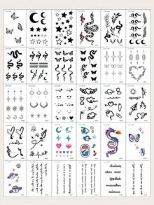 30 PIEZAS Pegatinas de tatuaje combinadas de patrones exquisitos y multicolores, incluyendo estrellas, lunas, pájaros, líneas, mariposas, flores, amor y otros elementos del patrón Y2K. Tatuajes temporales falsos ideales para dedos, orejas, hombros, cuello, clavícula y otras partes pequeñas del Body. Perfectos para carnavales, San Valentín, fiestas y festivales. - Negro - Ver 9