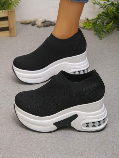 Comfortable Women's Shoes, Smooth Fabric Breathable Ladies Shoes, Black & White Color Block Thick Sole Platform Casual Sneakers, Slip-On, Casual, Preppy, Suitable For Outdoor, Gym, All Seasons