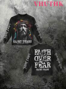 VHUTHK (250g Pure Polyester Round Neck Pullover Sweater) <Saint Tears: Faith Over Fear> Double Sided Digital Printing, Filament Effect  Y2K Men's Round Neck Sweater In Autumn And Winter. - 黑色 - 查看 1