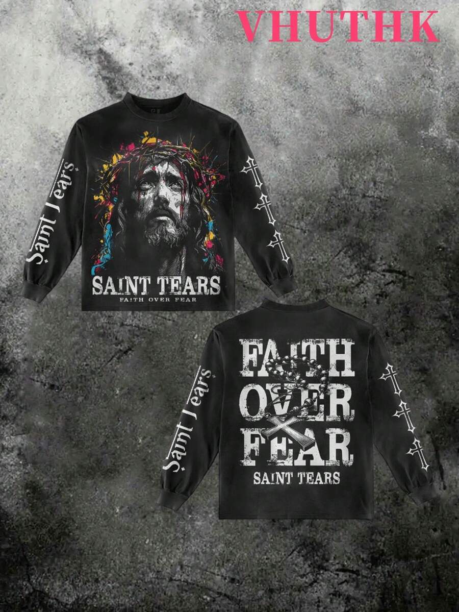 VHUTHK (250g Pure Polyester Round Neck Pullover Sweater) <Saint Tears: Faith Over Fear> Double Sided Digital Printing, Filament Effect  Y2K Men's Round Neck Sweater In Autumn And Winter. - 黑色 - 查看 1