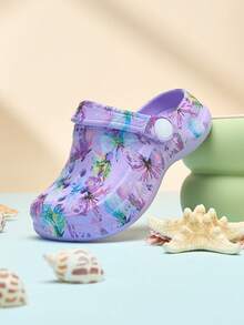 儿童印花套脚凉鞋，防滑EVA材质，休闲时尚，舒适柔软厚底沙滩鞋，镂空拖鞋 - 紫色 - 查看 4