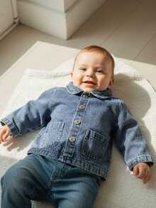 Chaqueta vaquera para niña pequeña, primavera y otoño, color liso, de manga larga, con solapa y botones, ropa para niña pequeña - Azul - Ver 3