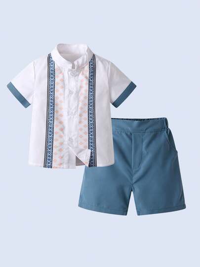 BOARNSEORL 2pcs Young Boys Casual Outfit - Short Sleeve Shirt And Blue Shorts, Fashionable And Stylish, Suitable For Birthday Party, Outing, Outdoor Travel