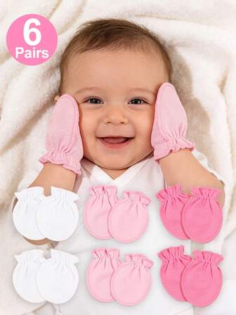 6 pares de manoplas para bebé contra arañazos | Guantes antiarañazos de 2 tonos para bebés | Cubremanos con puño elástico y volantes para recién nacidos