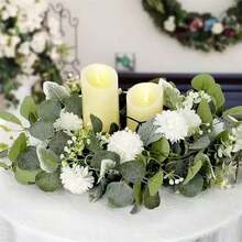 Guirnalda de eucalipto artificial con flores y enredaderas de vegetación sintética para repisa de mesa navideña, fondo de boda - Verde militar - Ver 3