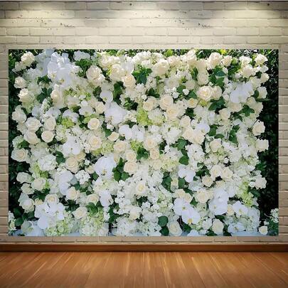 2D Flat Banner 1pc Elegant Daffodil Wall Banner - Rich White And Green Polyester Fabric, With Vases, Perfect For Weddings, Birthdays, Anniversaries | Multi-Functional Party Photography Backdrop, Floral Decoration