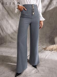 A&A Minimalist Metal Button Striped Wide Leg Suit Trousers, Pockets Pants, Wide Leg Pants Woman,Business Casual Woman, Wedding Guest Outfit, Back To School - Grey - View 1