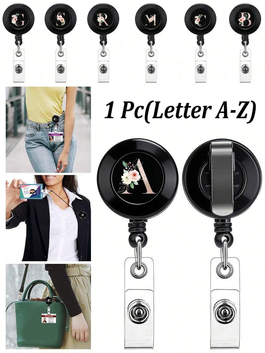 个性化伸缩式证件套，玫瑰金花卉 A-Z 字母印花，黑色证件夹和伸缩卷轴，防盗卡套伸缩卷轴夹，护士证件卷轴，办公姓名证件卷轴，胸针。 - 彩色 - 查看 1