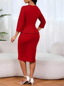 CALEBGAR [Spring Work Dress]Y2K Peplum Midi Dress, 3/4 Sleeve V Neck Bodycon Pencil Dress, Office To Church Sheath Dress - Đỏ - Xem 3