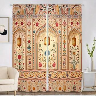 2ชิ้น ผ้าม่านลาย Mandala Art, ลายซุ้มประตูพระราชวังโมกุล, พิมพ์ลายโคมไฟดอกไม้, ผ้าม่านโปร่งแสงแบบสอด, สไตล์โบโฮวินเทจ, ของตกแต่งบ้านสำหรับห้องนั่งเล่น, ห้องนอน, ห้องทำงาน, เหมาะสำหรับห้องนั่งเล่น, ห้องเจ้าหญิง, ห้องรับประทานอาหาร, ห้องน้ำ, ห้องครัว