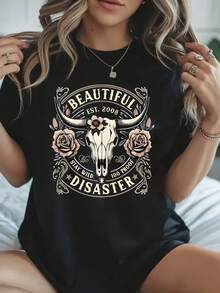 Beautiful Disaster 1 Pcs 220g Women's Plus Size T-Shirt Funny Oversized Graphic Short Sleeve Tee Novelty 100%  Polyester Shirt Casual Crew Neck Top - 黑色 - 查看 1