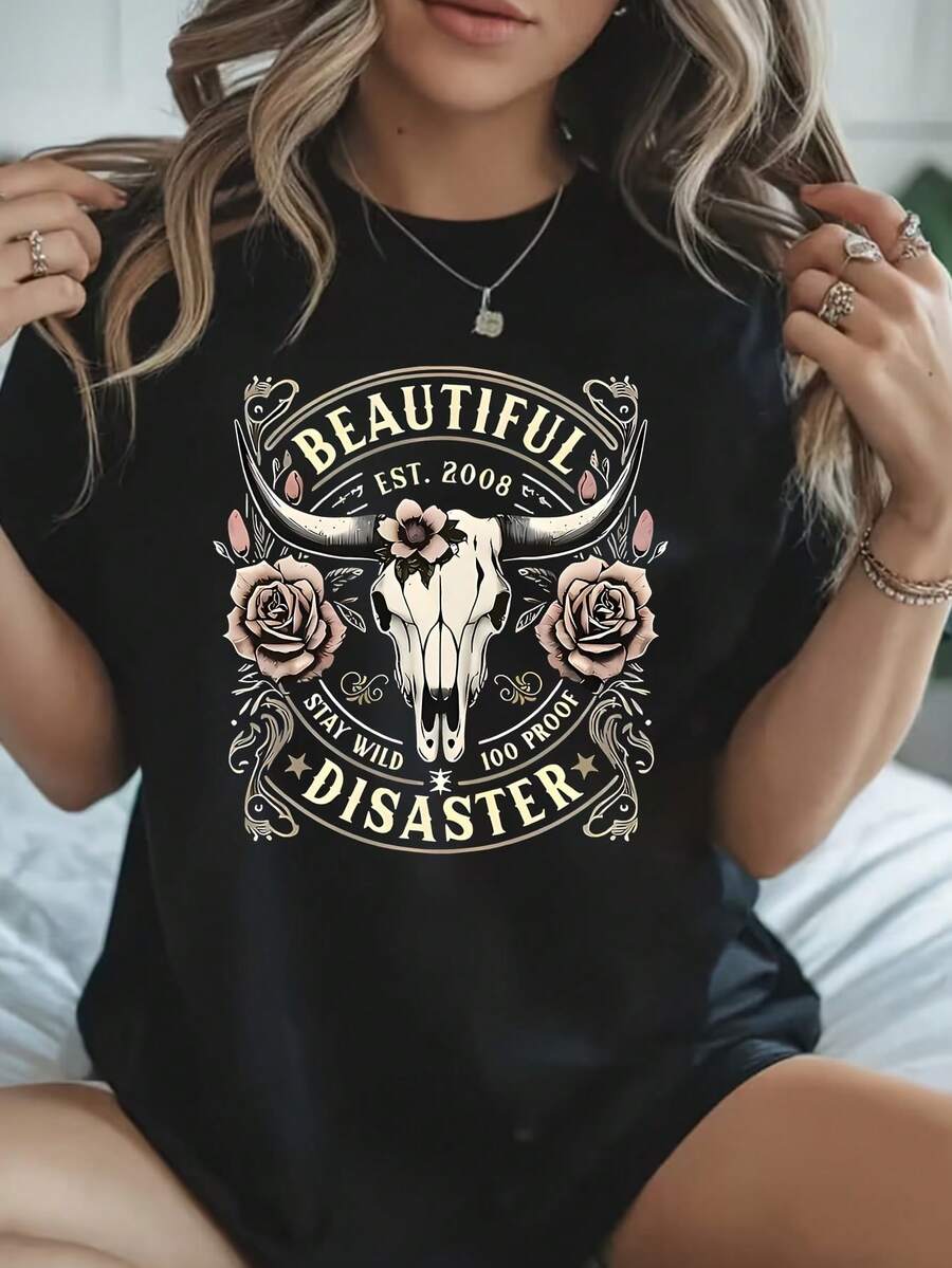 Beautiful Disaster 1 Pcs 220g Women's Plus Size T-Shirt Funny Oversized Graphic Short Sleeve Tee Novelty 100%  Polyester Shirt Casual Crew Neck Top - 黑色 - 查看 1