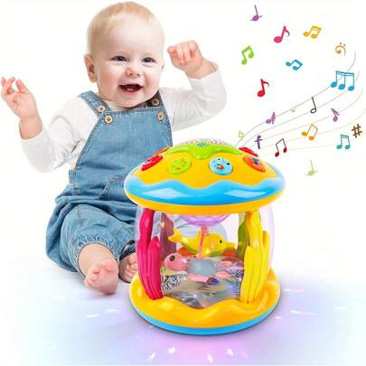 1pc Music Drum With Projection & Sound Effects, Suitable For Boys & Girls, Helps Crawling & Tummy Time Development, Multi-Color Drum With Lighting Projection