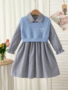 Young Girls School Uniform Bow Embroidery Knit Vest + Striped Long Sleeve Collared Shirt Dress 2-Piece Set - Dusty Blue - View 1