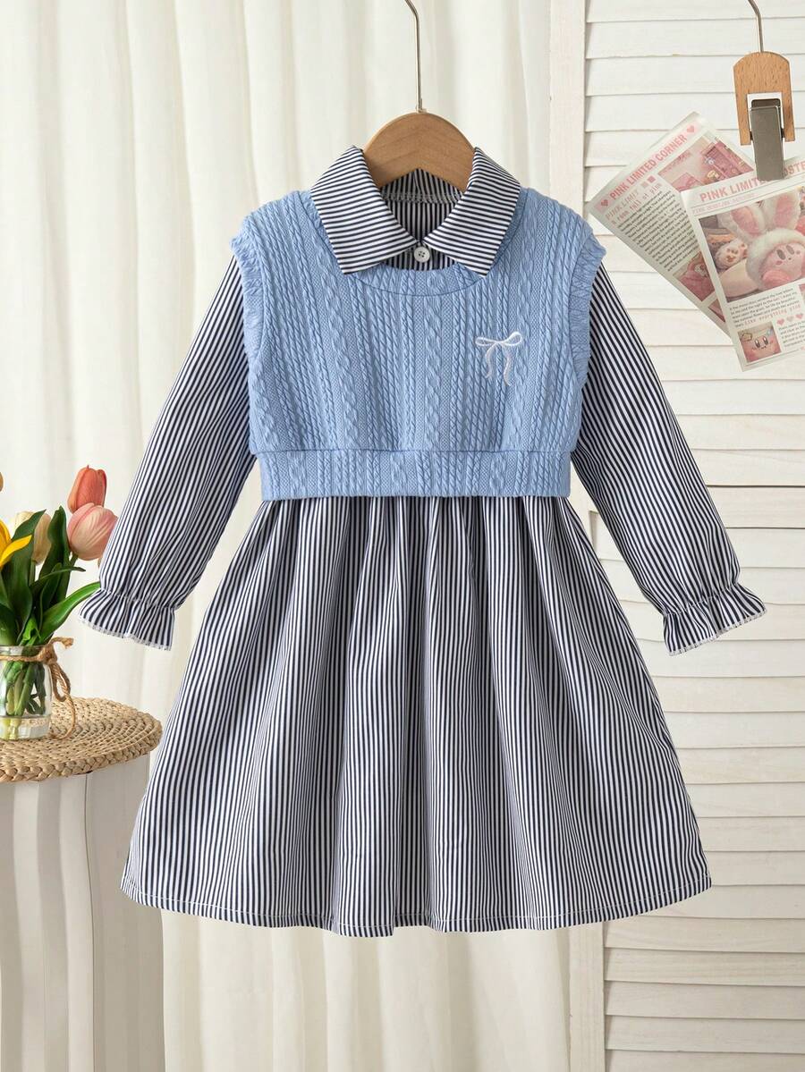 Young Girls School Uniform Bow Embroidery Knit Vest + Striped Long Sleeve Collared Shirt Dress 2-Piece Set - Dusty Blue - View 1
