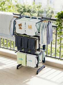 LOVEWE 4-Tier Oversized Foldable Stainless Steel Drying Rack (24 Poles +14 Hooks), 60.7" High Movable Laundry Rack (4 Castors) For Home/Dorm/Hotel, Grey - Xám - Xem 2