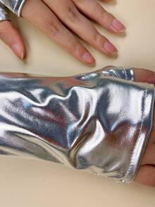 1 Pair Solid Color Reflective Patent Leather Fingerless Gloves, Suitable For Street Dance, Stage Performance, All Seasons - A - View 5