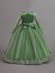 Lace Long Sleeve Embroidered Mesh Elegant Day Party Dress For Young Girls, Suitable For Birthday Party, Excluding Headband - Green - View 3