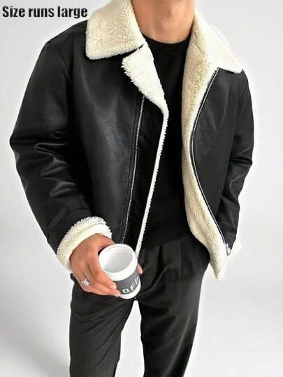 Men's Casual Fashion PU Leather Long Sleeve Jacket, Outdoor Sports Thermal Lined Jacket, Autumn/Winter